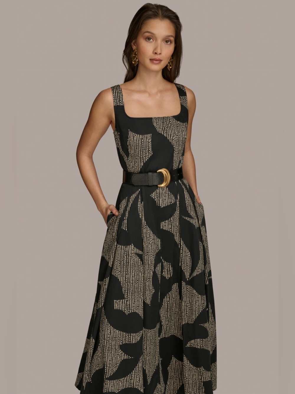 Donna Karan New York Cotton Sleeveless Belted Midi Dress Size 8 Black Tan - Picture 2 of 16